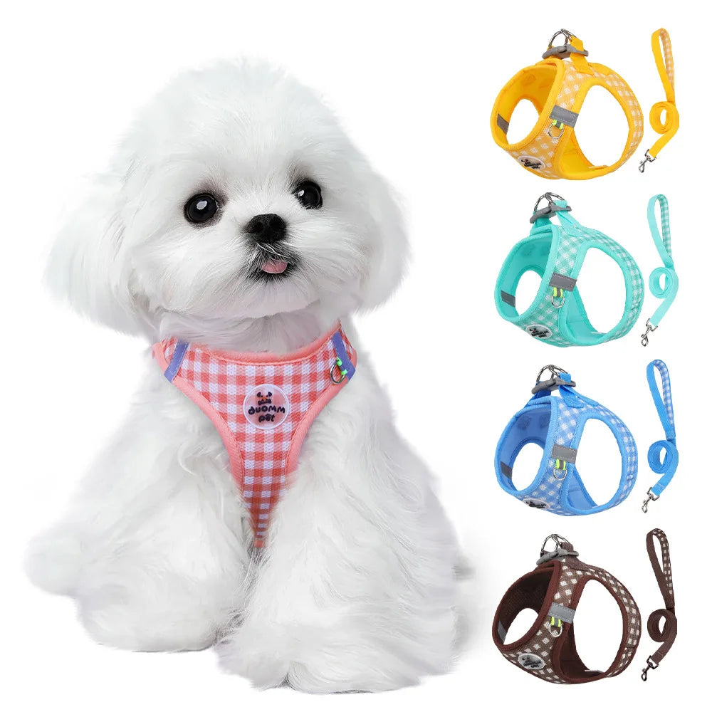 Checkered Pet Harness Cat Leash Small Dog Harness Kitten Outdoor Breathable Reflective Cat Chest Strap Plaid Walk Bichon Frise