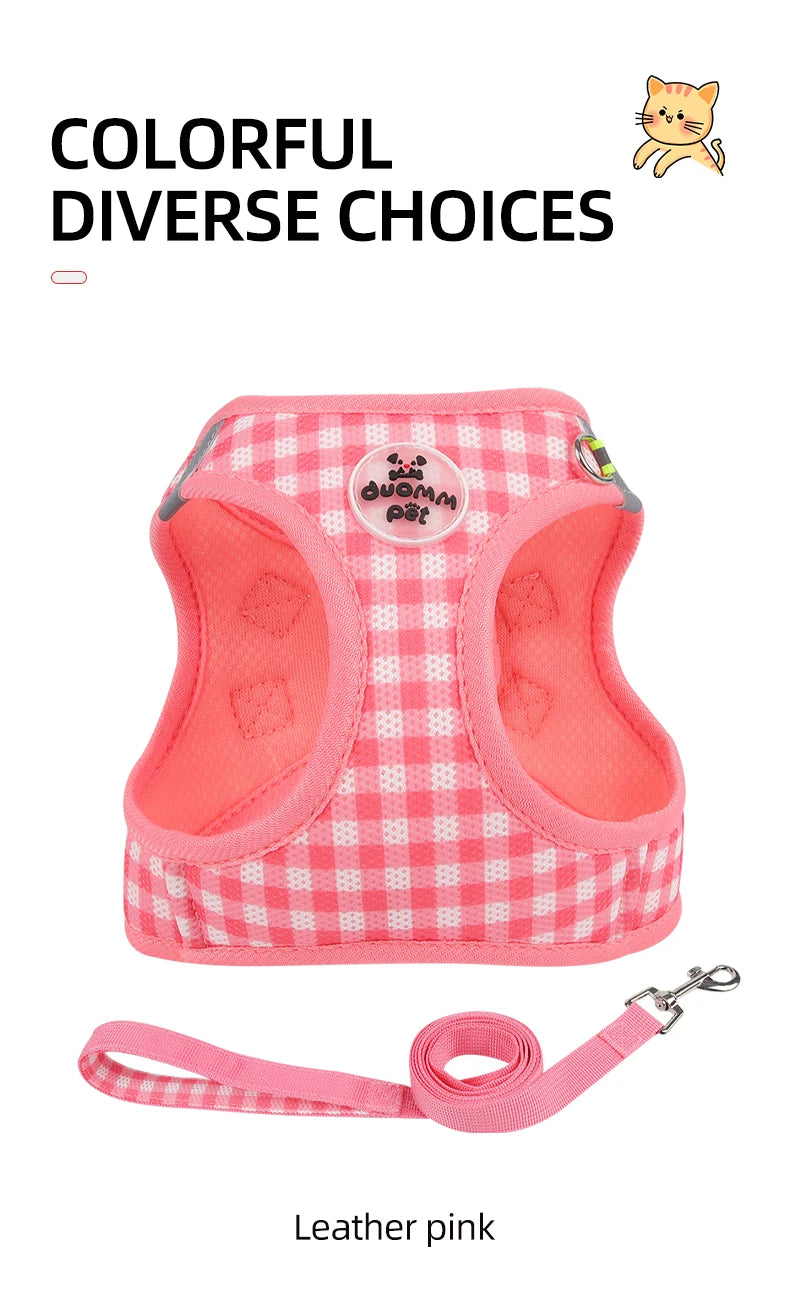 Checkered Pet Harness Cat Leash Small Dog Harness Kitten Outdoor Breathable Reflective Cat Chest Strap Plaid Walk Bichon Frise