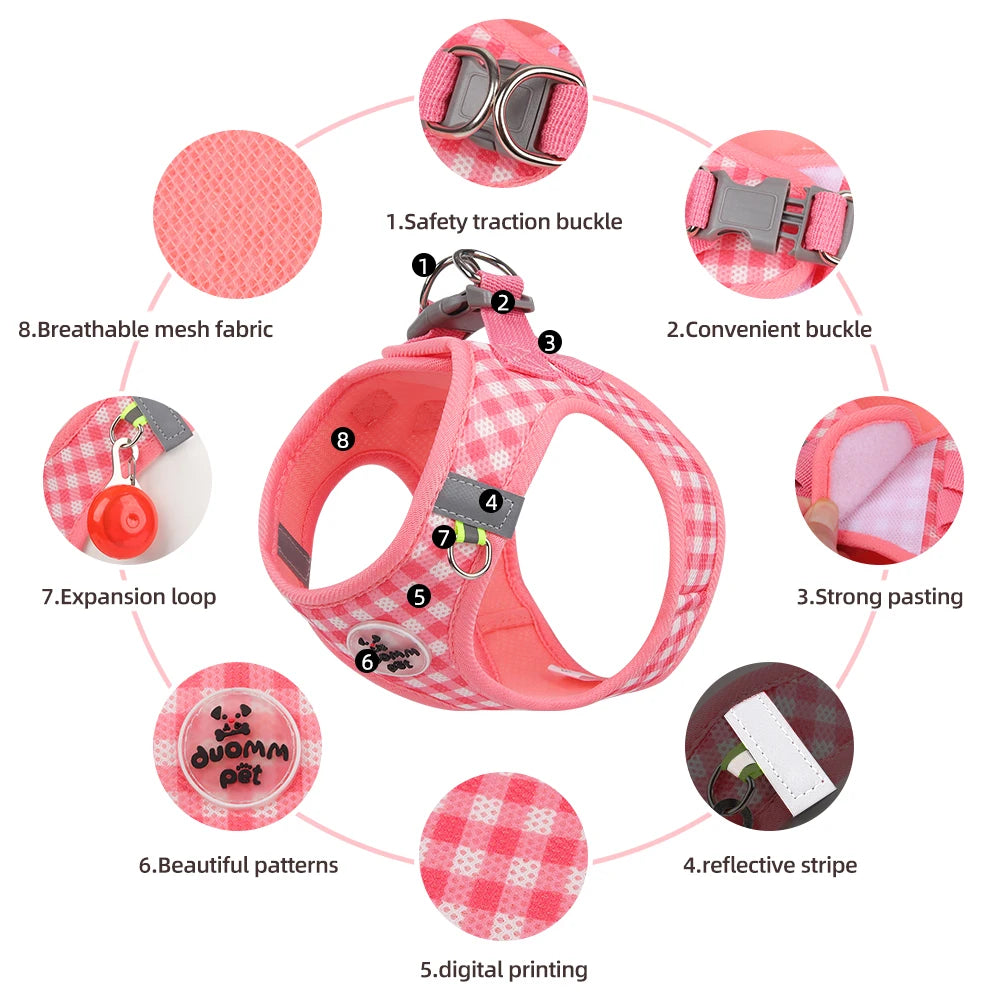 Checkered Pet Harness Cat Leash Small Dog Harness Kitten Outdoor Breathable Reflective Cat Chest Strap Plaid Walk Bichon Frise